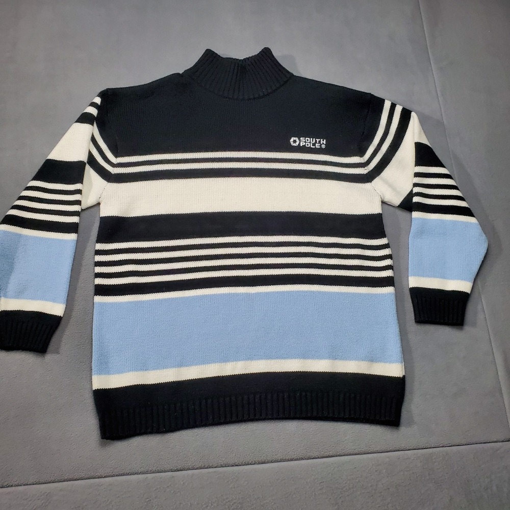 Southpole Sweater Blue Black White Striped Vintage Embroidered Hip Hop 90s Y2K